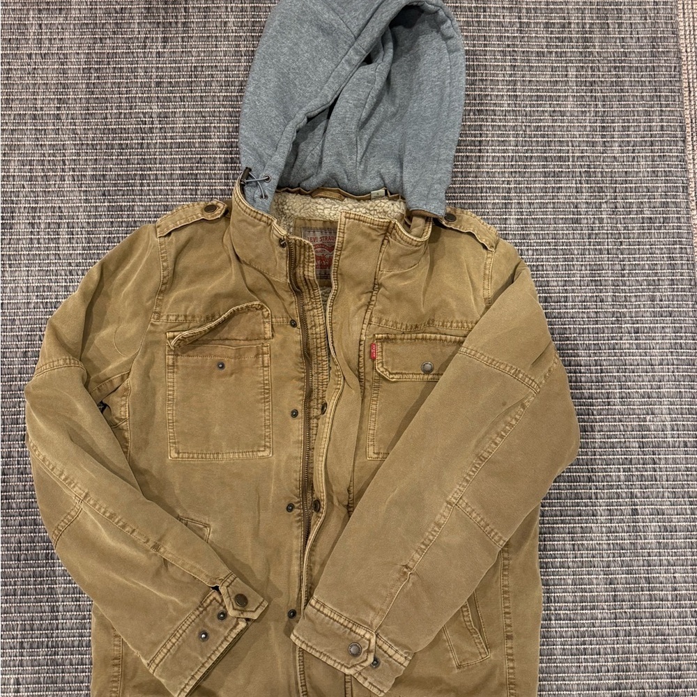 Levi's Sherpa Lined 4 Pocket Brown Jacket with Gray Hood